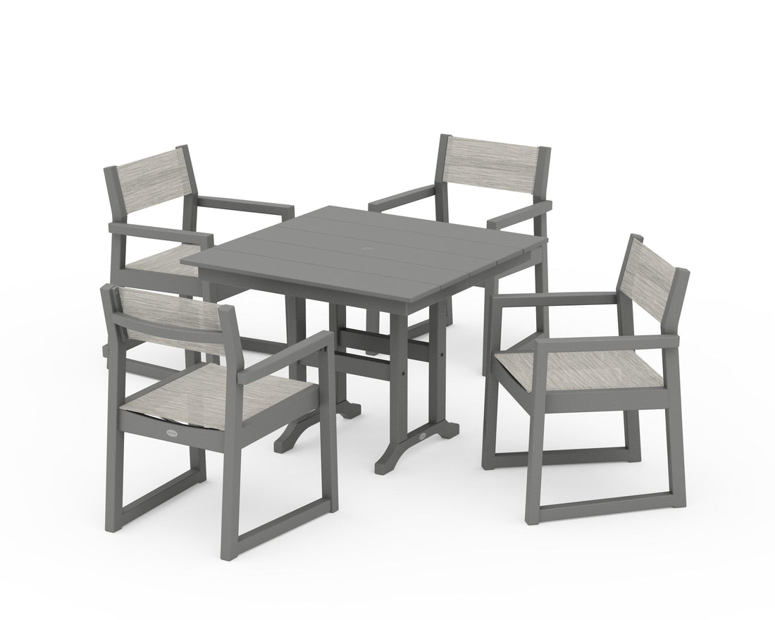 POLYWOOD EDGE Sling Arm Chair 5-Piece Farmhouse Dining Set in Slate Grey / Birch
