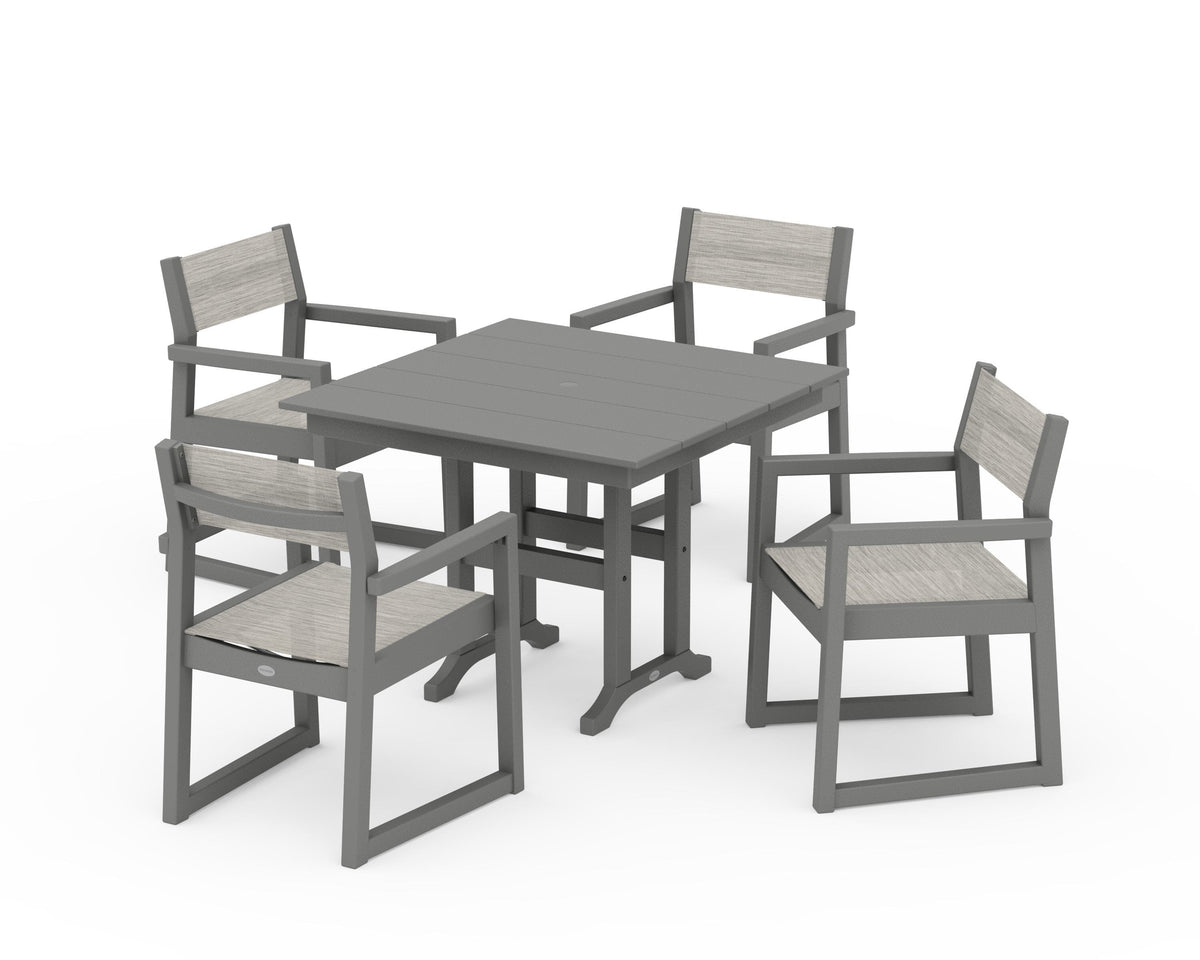 POLYWOOD EDGE Sling Arm Chair 5-Piece Farmhouse Dining Set in Slate Grey / Birch
