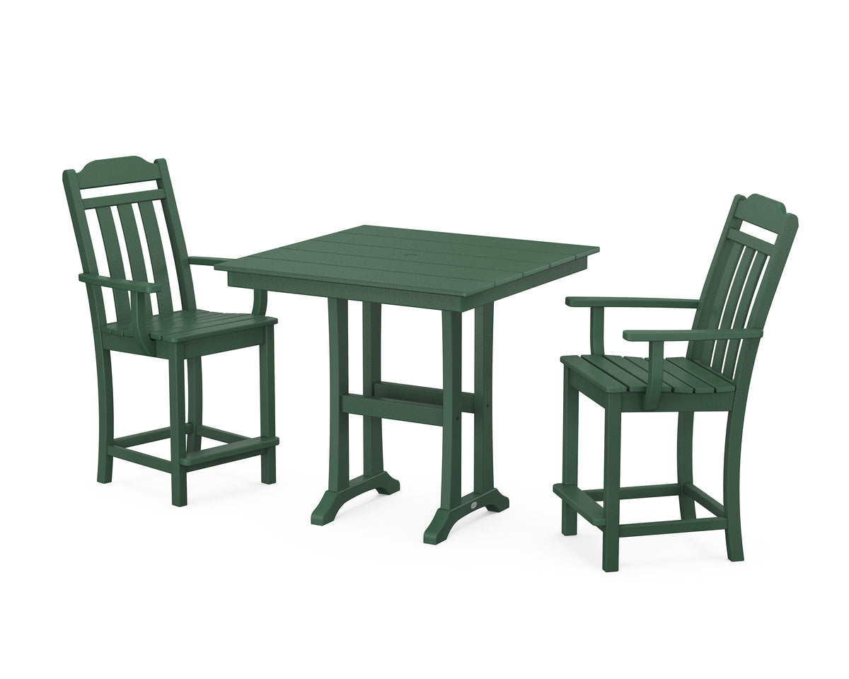 POLYWOOD Country Living Cottage 3-Piece Farmhouse Counter Set with Trestle Legs in Green