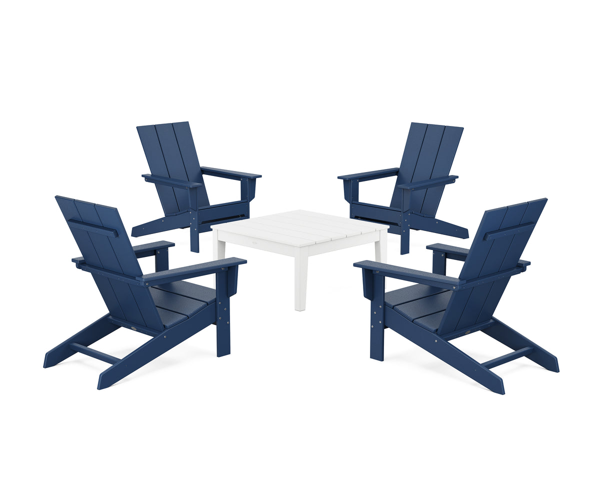 POLYWOOD 5-Piece Modern Studio Adirondack Chair Conversation Group in Navy / White