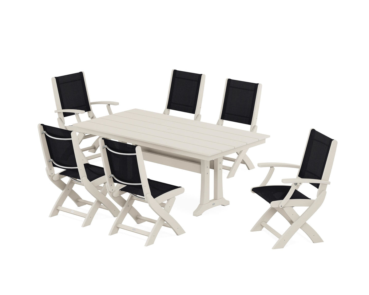 POLYWOOD Coastal Folding Chair 7-Piece Farmhouse Dining Set with Trestle Legs in Sand / Black