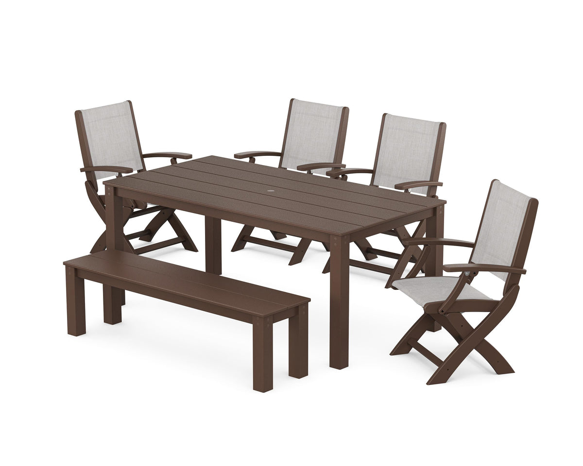 POLYWOOD Coastal Folding Chair 6-Piece Parsons Dining Set with Bench in Mahogany / Parchment