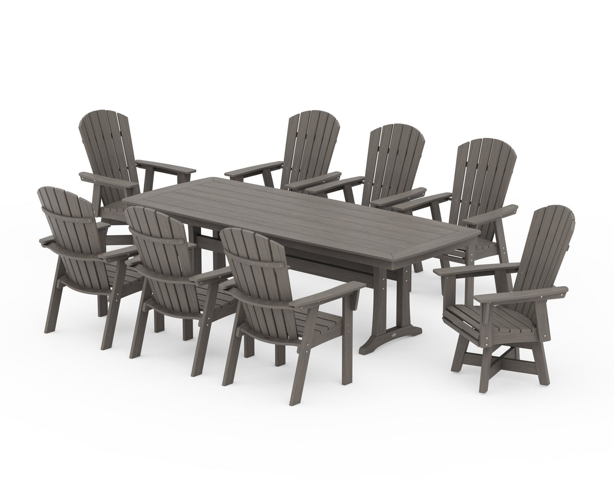 POLYWOOD Nautical Curveback Adirondack Swivel 9-Piece Dining Set with Trestle Legs in Driftwood