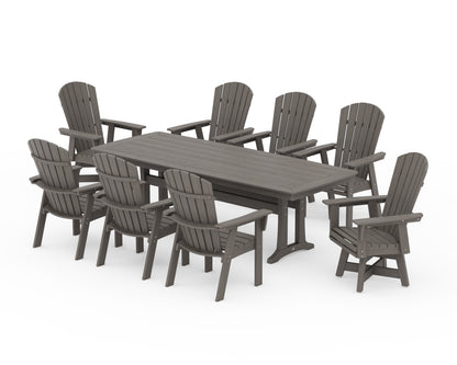 POLYWOOD Nautical Curveback Adirondack Swivel 9-Piece Dining Set with Trestle Legs in Driftwood