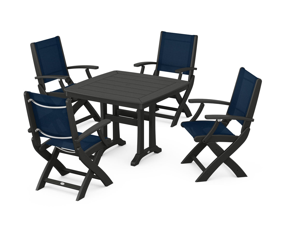 POLYWOOD Coastal Folding Chair 5-Piece Dining Set with Trestle Legs in Black / Navy Blue