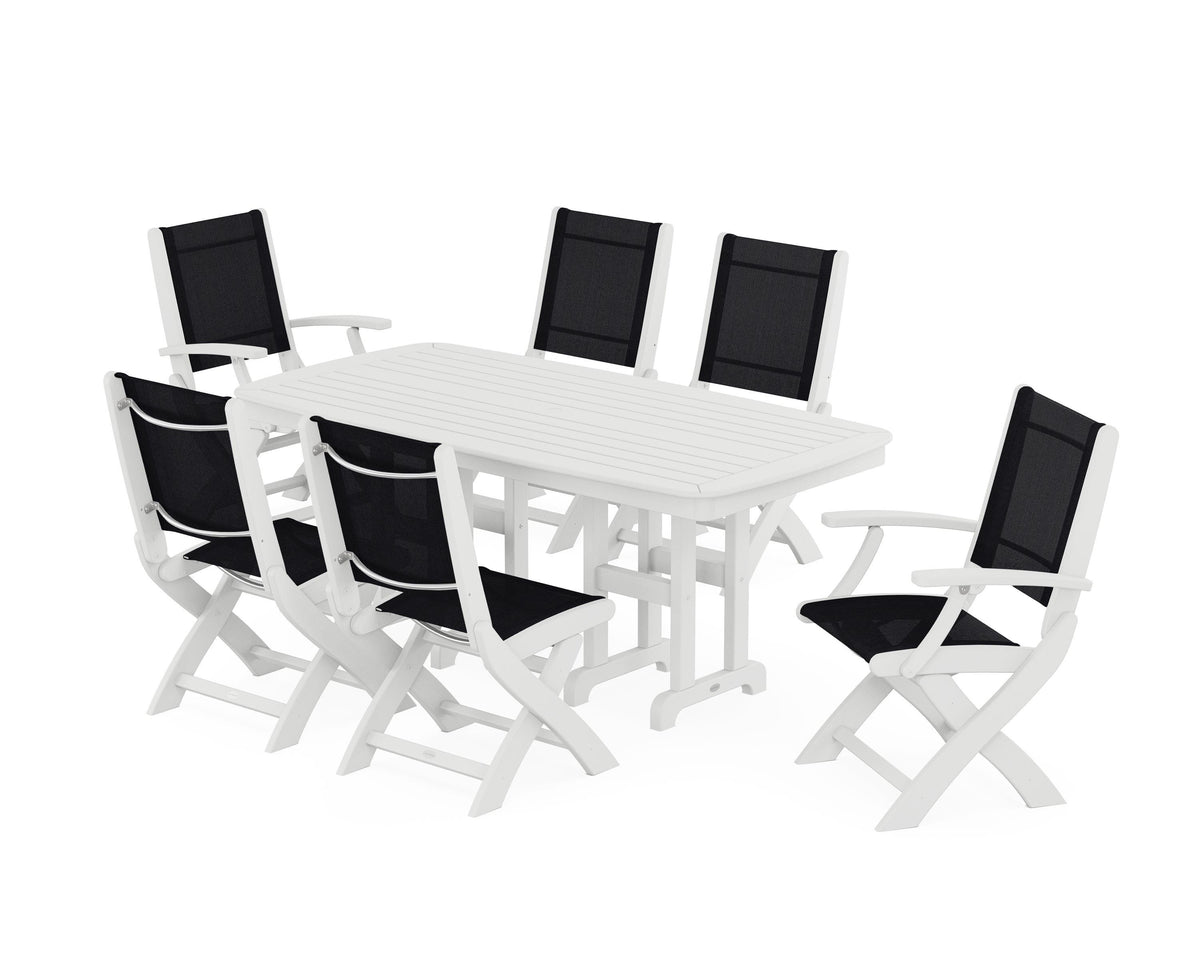 POLYWOOD Coastal Folding Chair 7-Piece Dining Set in White / Black
