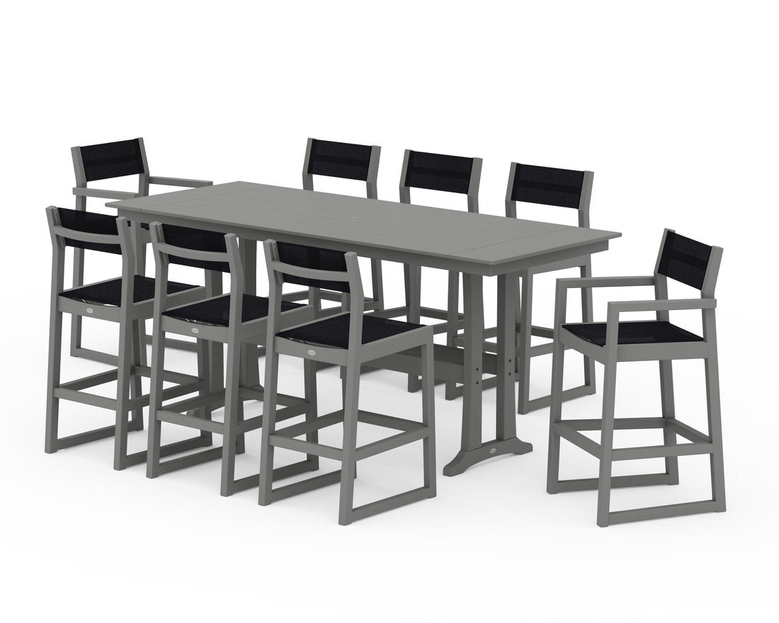 POLYWOOD EDGE Sling 9-Piece Farmhouse Bar Set with Trestle Legs in Slate Grey / Black
