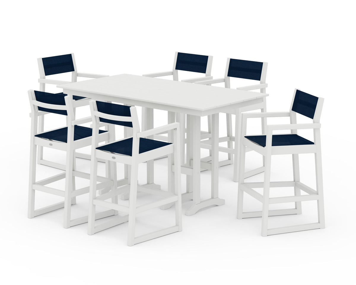 POLYWOOD EDGE Sling Arm Chair 7-Piece Farmhouse Bar Set in Vintage White / Navy Blue