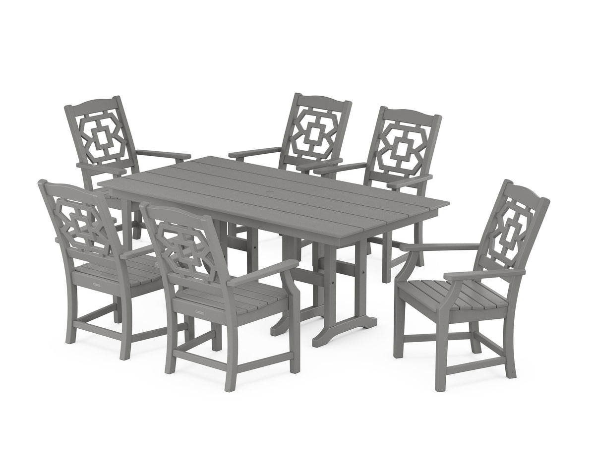 POLYWOOD Chinoiserie Arm Chair 7-Piece Farmhouse Dining Set in Slate Grey