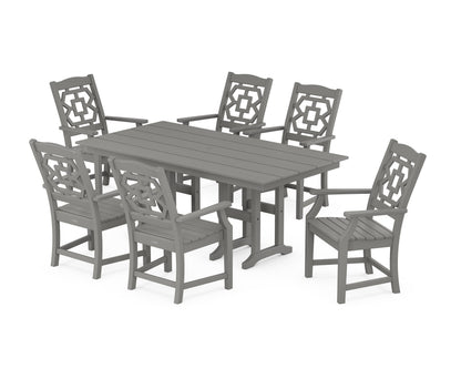 POLYWOOD Chinoiserie Arm Chair 7-Piece Farmhouse Dining Set in Slate Grey