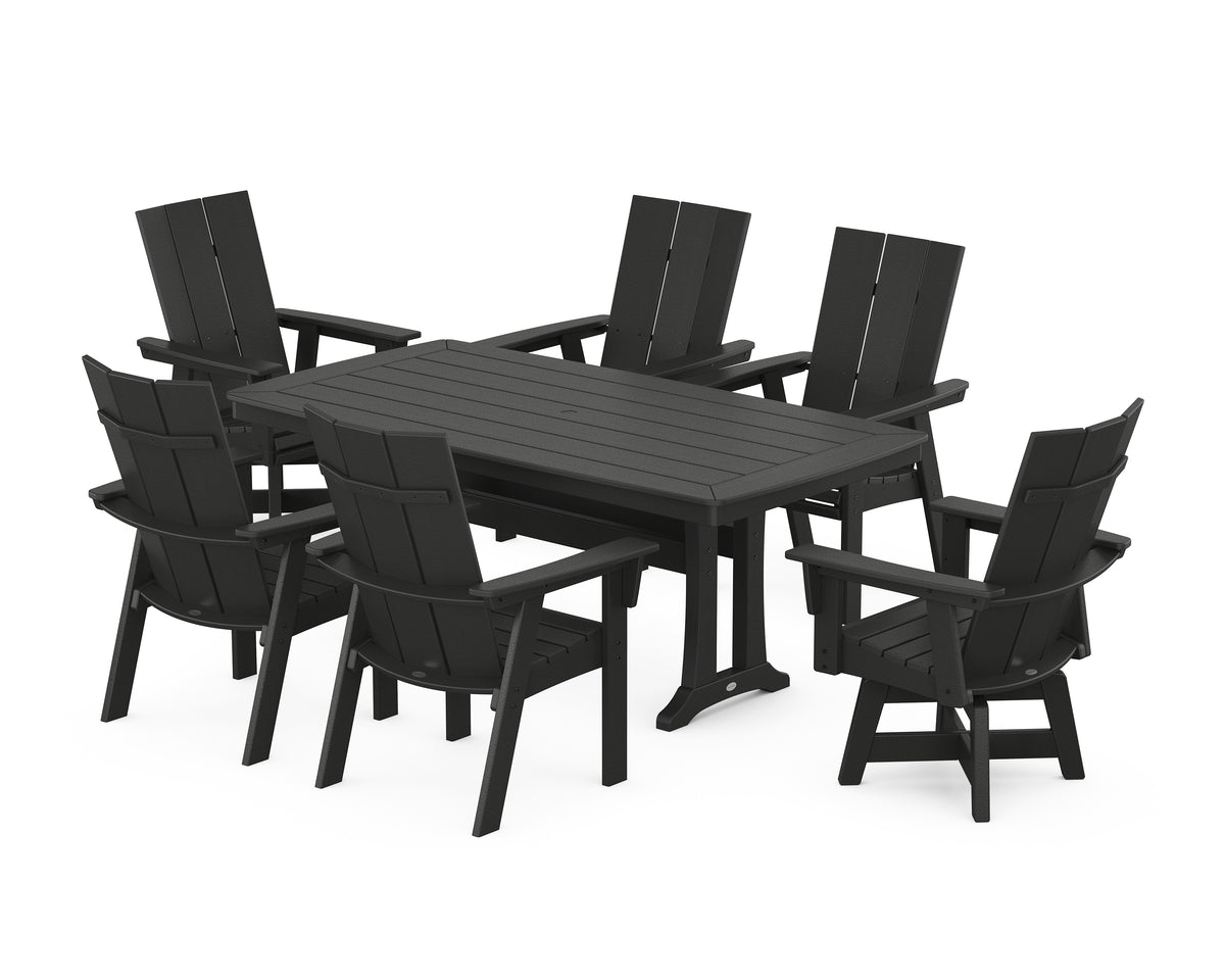 POLYWOOD Modern Adirondack Swivel Chair 7-Piece Dining Set with Trestle Legs in Black