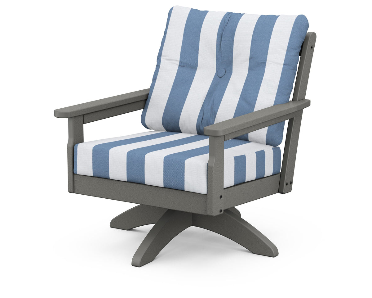 POLYWOOD Vineyard Deep Seating Swivel Chair in Slate Grey / Cabana Stripe Sky Blue