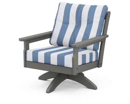 POLYWOOD Vineyard Deep Seating Swivel Chair in Slate Grey / Cabana Stripe Sky Blue