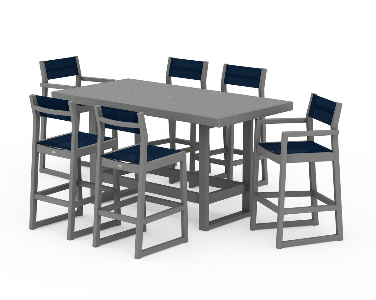 POLYWOOD EDGE Sling 7-Piece Bar Table Set in Slate Grey / Navy Blue