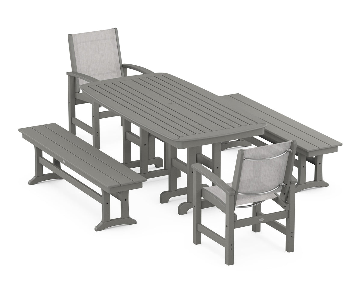POLYWOOD Coastal 5-Piece Dining Set with Nautical 37" x 72" Dining Table in Slate Grey / Parchment