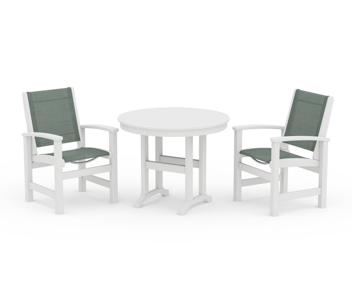 POLYWOOD Coastal 3-Piece Round Dining Set in White / Dupioni Sea Mist