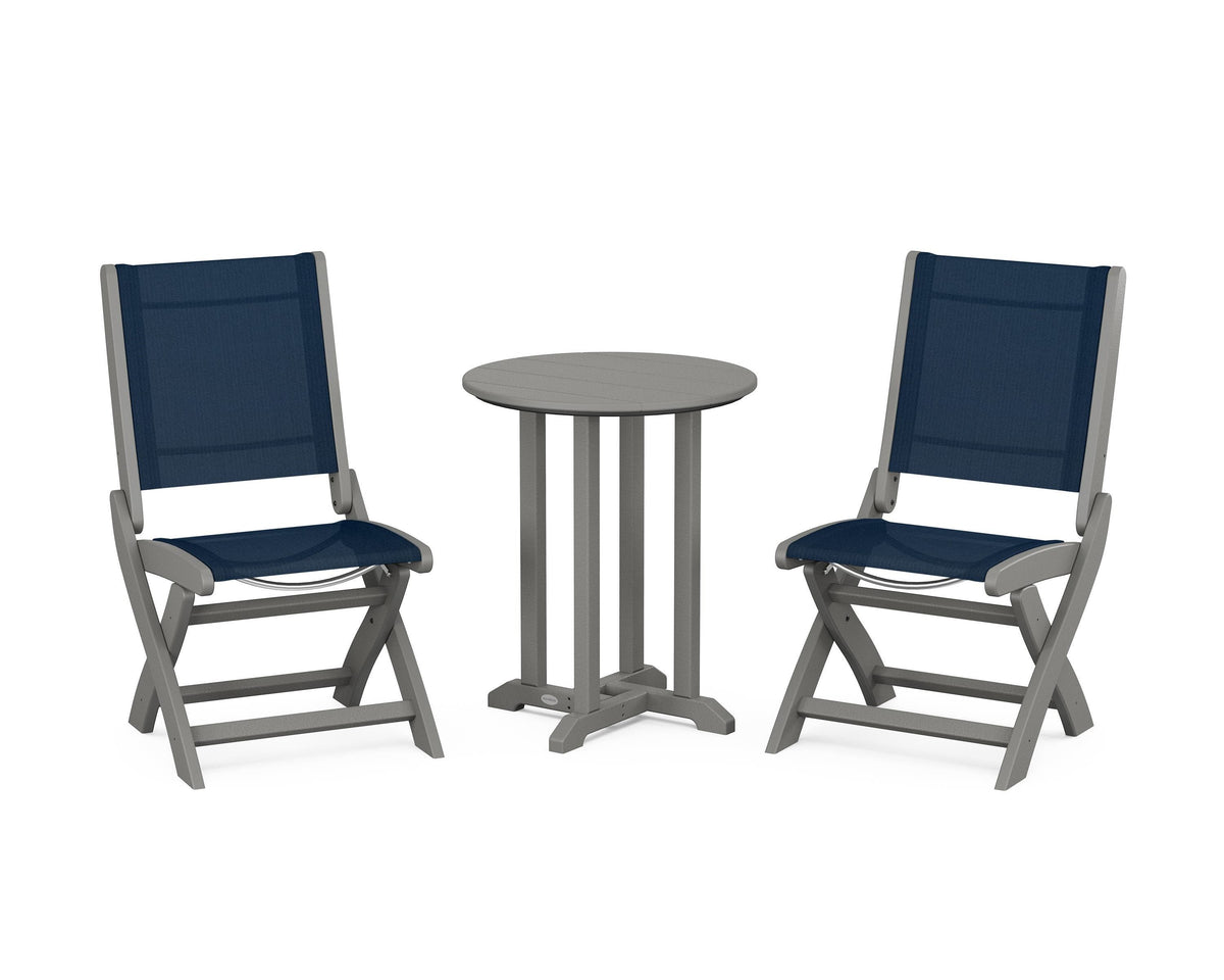 POLYWOOD Coastal Folding Side Chair 3-Piece Round Bistro Dining Set in Slate Grey / Navy Blue