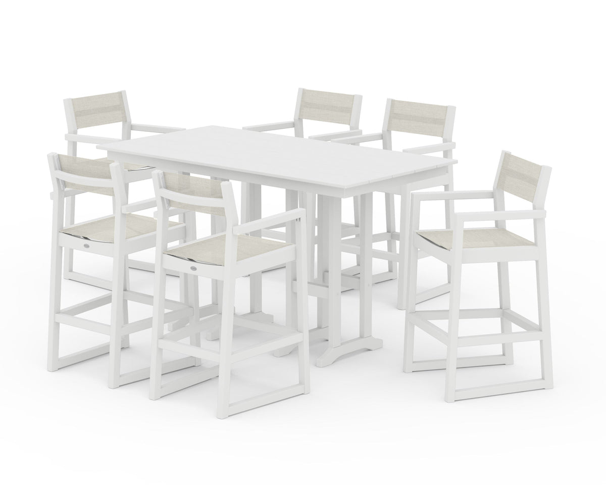 POLYWOOD EDGE Sling Arm Chair 7-Piece Farmhouse Bar Set in White / Parchment