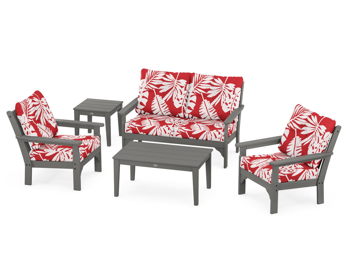 POLYWOOD Vineyard 5-Piece Deep Seating Set with Two Chairs and Loveseat in Slate Grey / Leaf Crimson