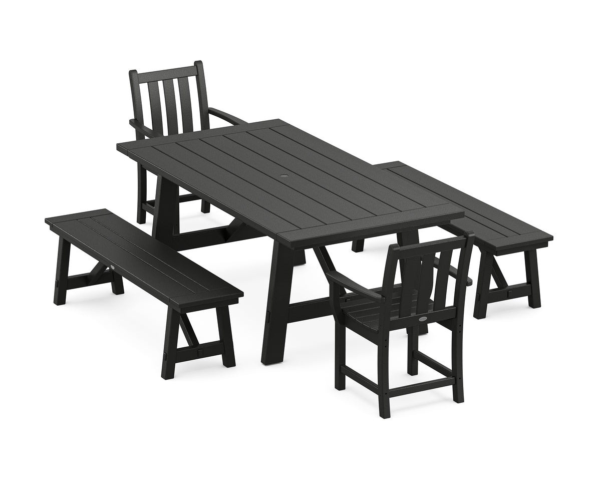 POLYWOOD Traditional Garden 5-Piece Rustic Farmhouse Dining Set with Benches in Black