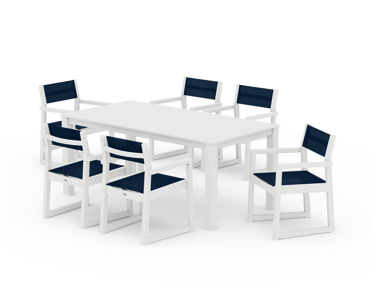 POLYWOOD EDGE Sling Arm Chair 7-Piece Parsons Dining Set in White / Navy Blue