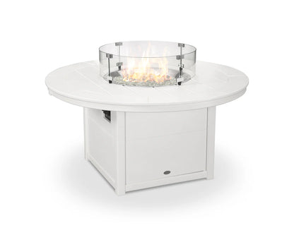 Round white fire pit table with glass bowl on a white background