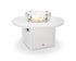 Round white fire pit table with glass bowl on a white background