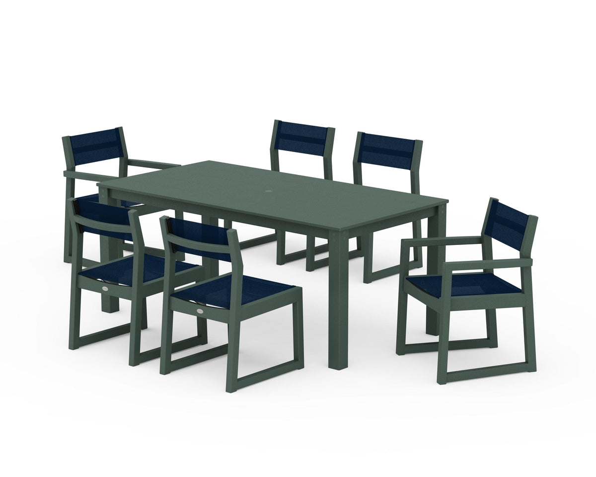 POLYWOOD EDGE Sling 7-Piece Parsons Dining Set in Green / Navy Blue