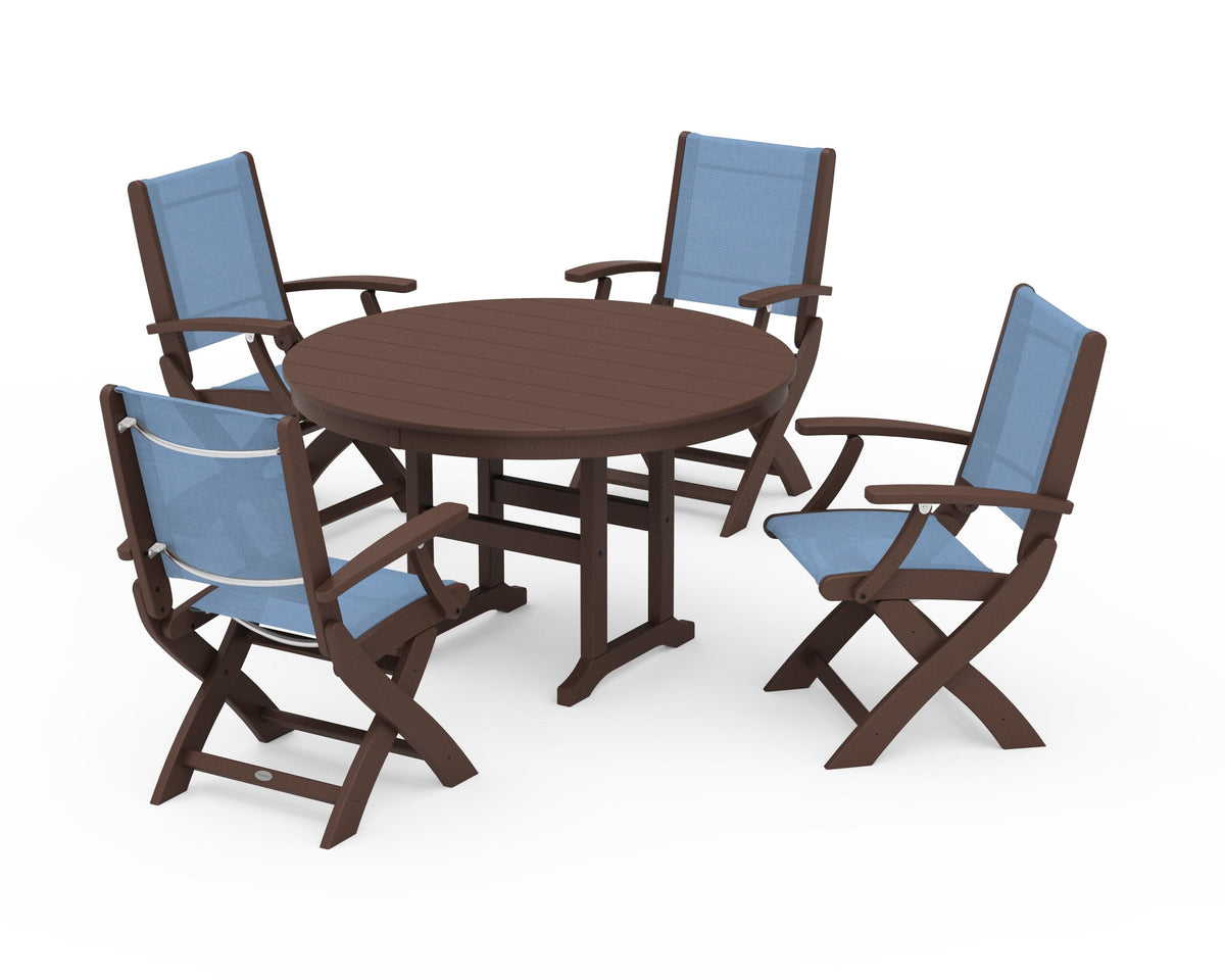 POLYWOOD Coastal Folding Chair 5-Piece Round Dining Set in Mahogany / Poolside