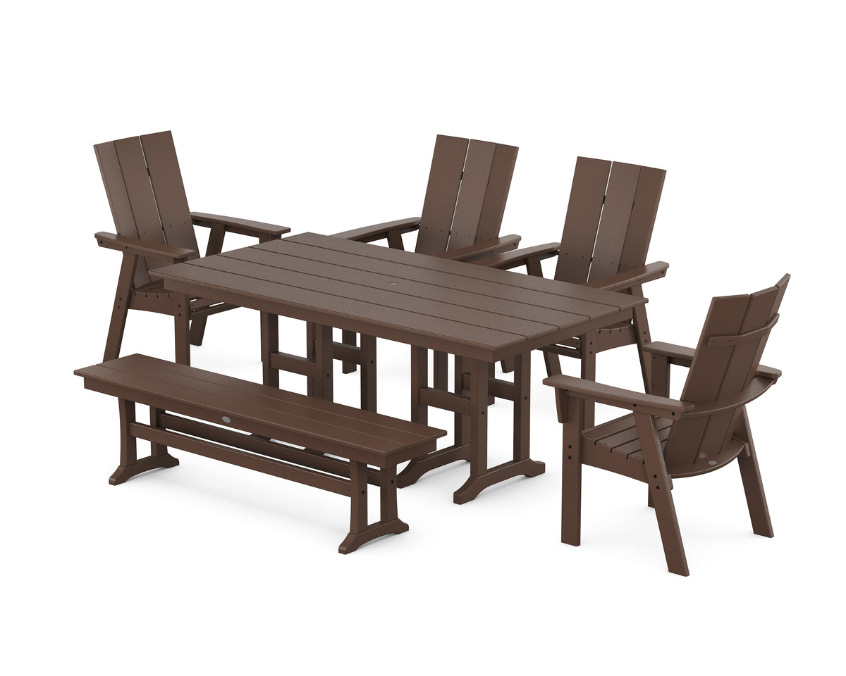 POLYWOOD Modern Curveback Adirondack 6-Piece Farmhouse Dining Set with Bench in Mahogany