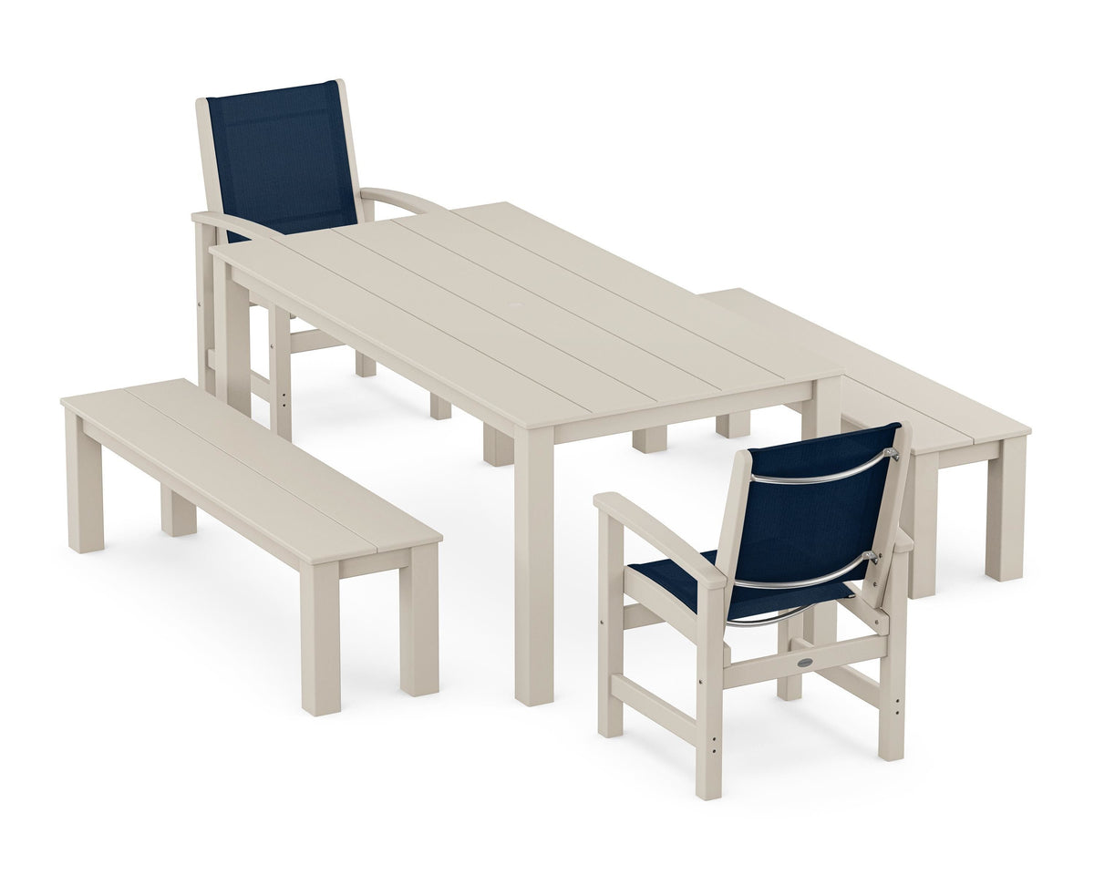 POLYWOOD Coastal 5-Piece Parsons Dining Set with Benches in Sand / Navy Blue