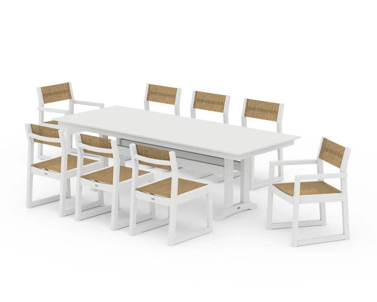 POLYWOOD EDGE Sling 9-Piece Farmhouse Trestle Dining Set in Vintage White / Burlap