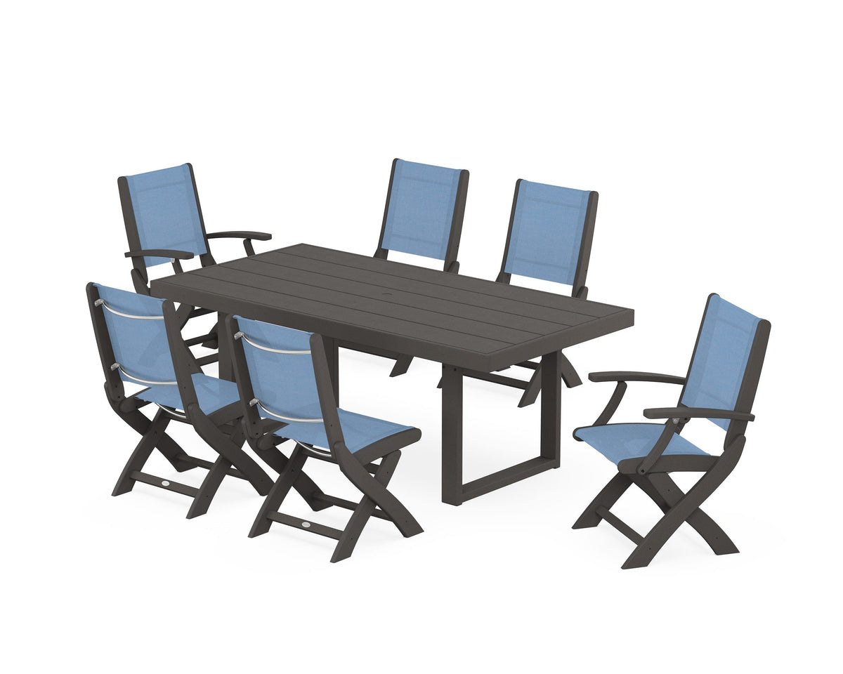 POLYWOOD Coastal Folding Chair 7-Piece Dining Set with Trestle Legs with EDGE 40" x 78" Dining Table in Vintage Coffee / Poolside