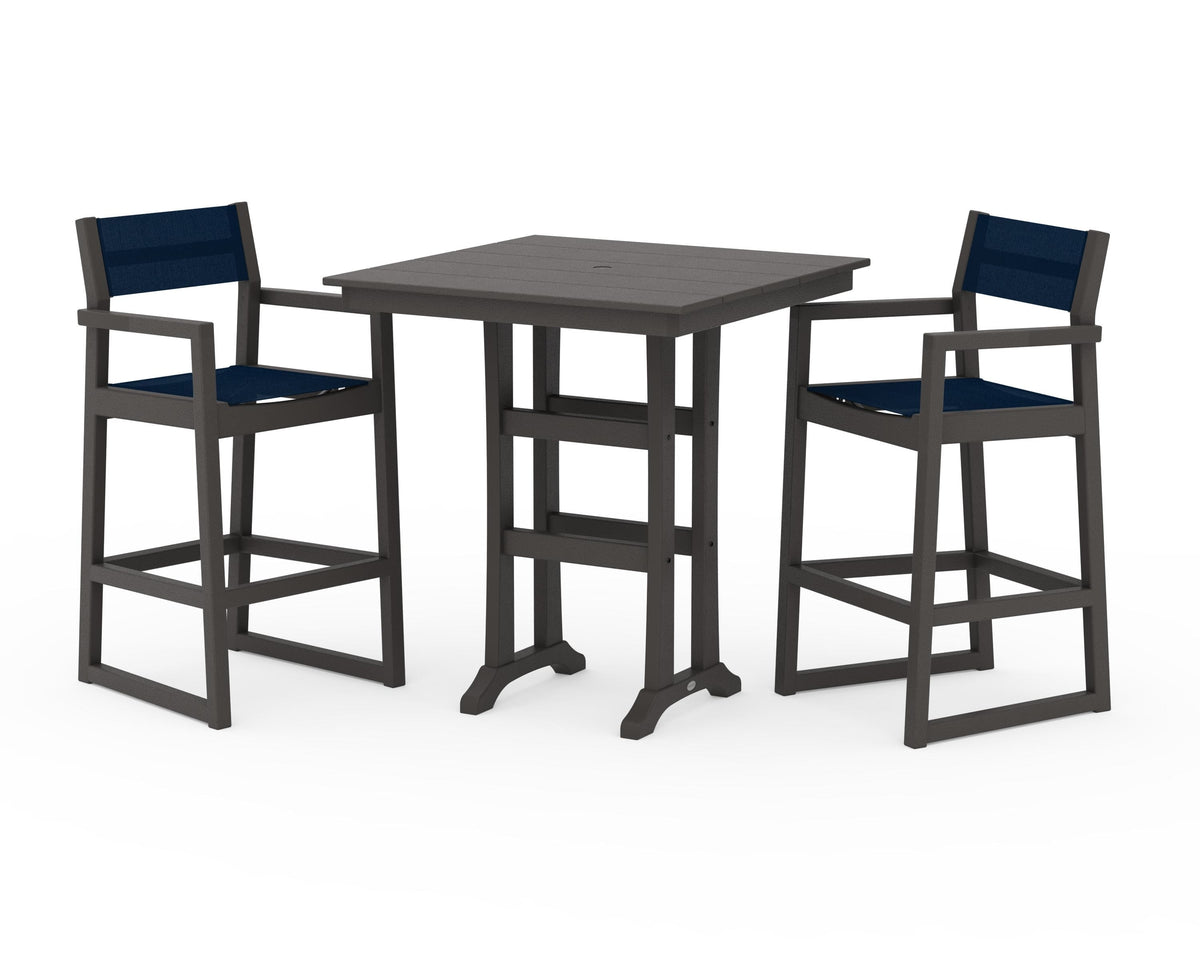 POLYWOOD EDGE Sling Arm Chair 3-Piece Farmhouse Bar Set with Trestle Legs in Vintage Coffee / Navy Blue