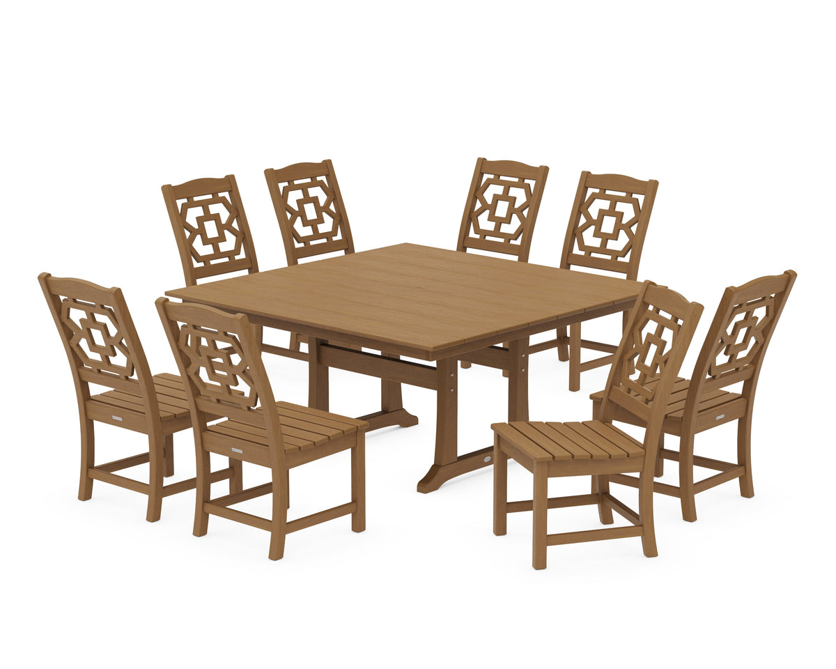 POLYWOOD Chinoiserie 9-Piece Square Farmhouse Side Chair Dining Set with Trestle Legs in Natural