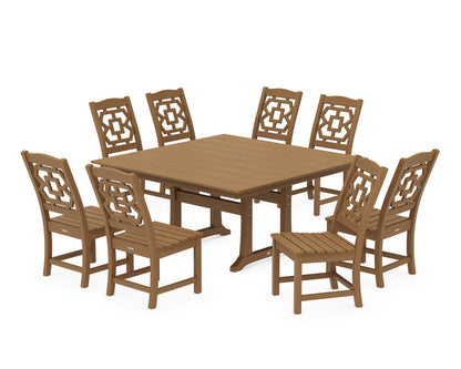 POLYWOOD Chinoiserie 9-Piece Square Farmhouse Side Chair Dining Set with Trestle Legs in Natural
