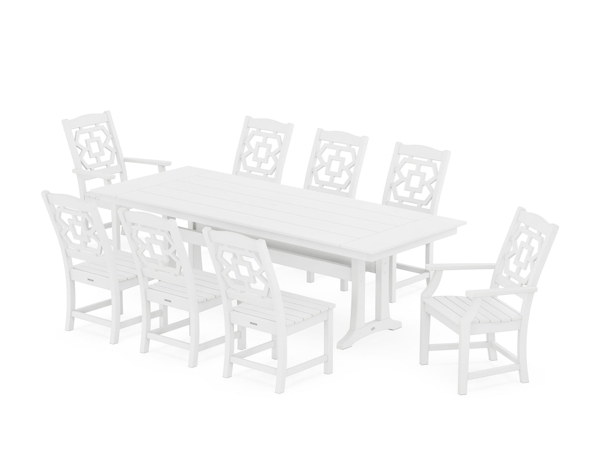 POLYWOOD Chinoiserie 9-Piece Farmhouse Dining Set with Trestle Legs in White