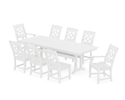 POLYWOOD Chinoiserie 9-Piece Farmhouse Dining Set with Trestle Legs in White