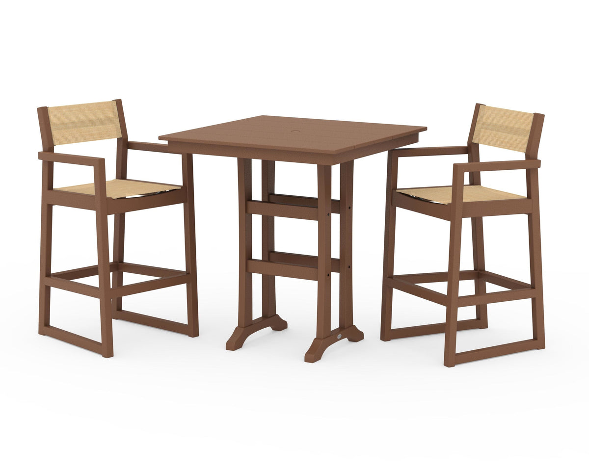 POLYWOOD EDGE Sling Arm Chair 3-Piece Farmhouse Bar Set with Trestle Legs in Teak / Dupioni Apricot