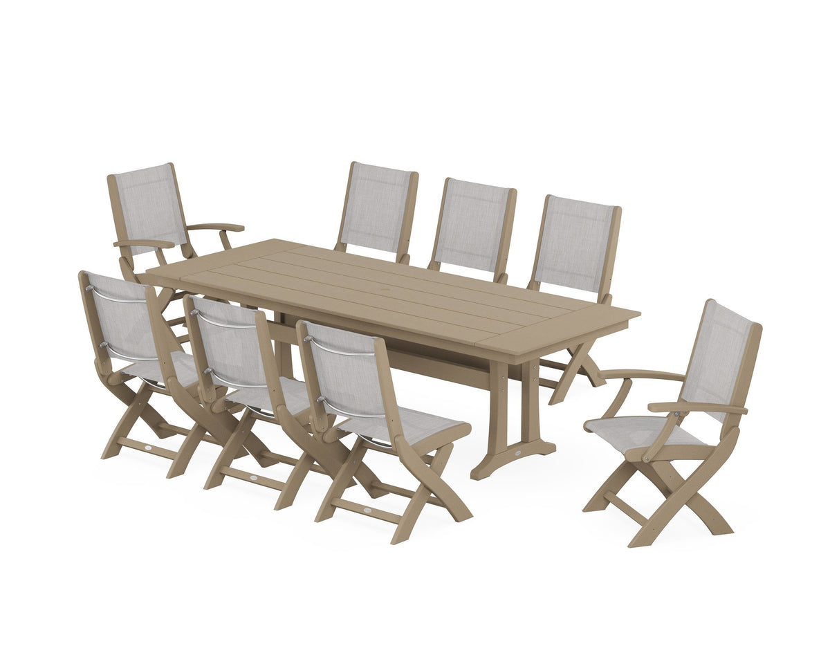 POLYWOOD Coastal 9-Piece Folding Dining Chair Farmhouse Dining Set with Trestle Legs in Vintage Sahara / Parchment