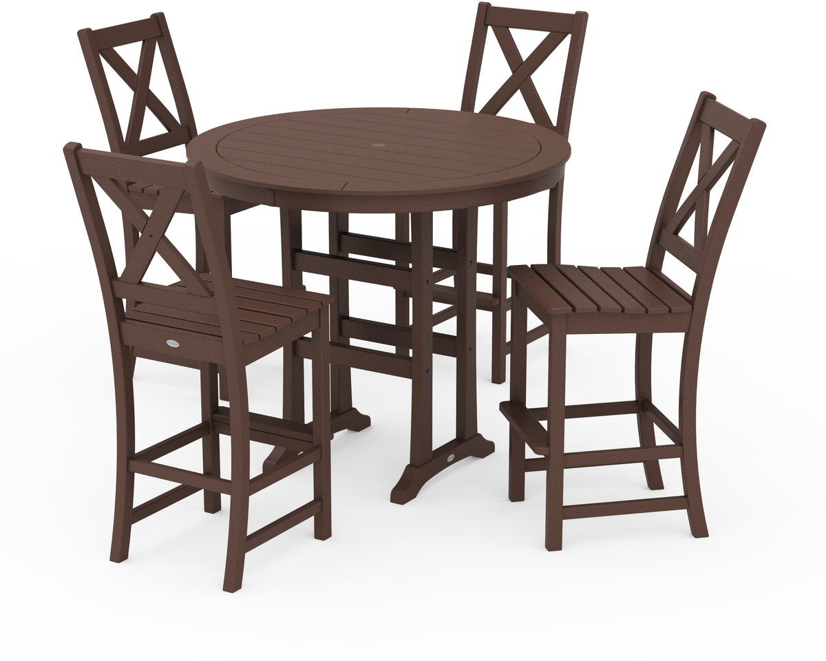 POLYWOOD Braxton 5-Piece Nautical Trestle Arm Chair Bar Set in Mahogany