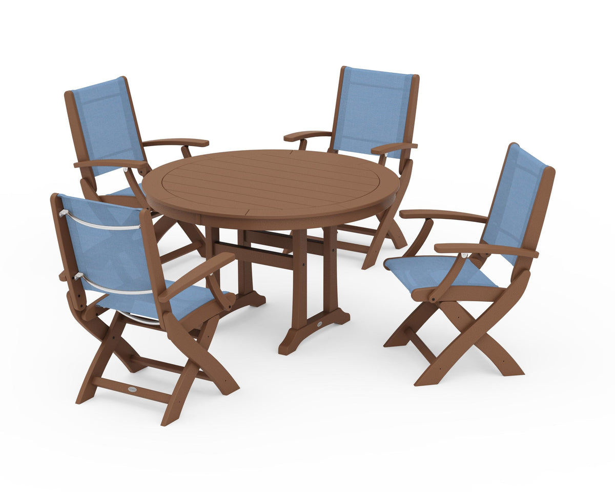 POLYWOOD Coastal Folding Chair 5-Piece Round Dining Set with Trestle Legs in Teak / Poolside