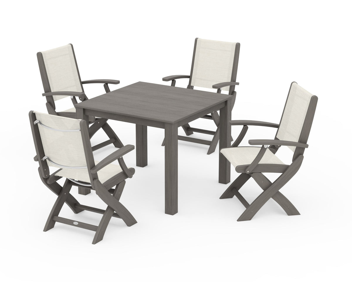POLYWOOD Coastal Folding Chair 5-Piece Parsons Dining Set in Driftwood / Parchment