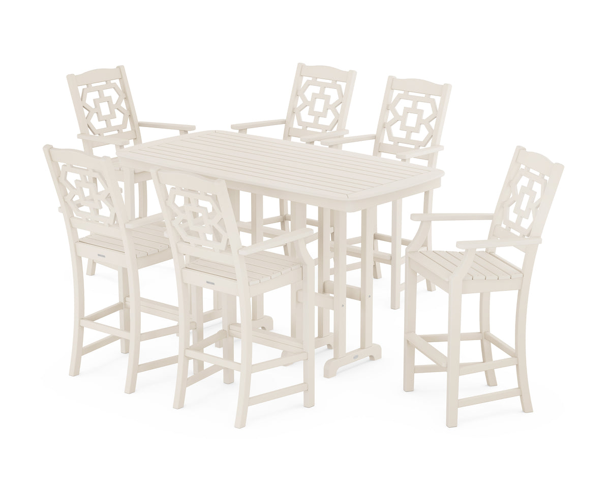 POLYWOOD Chinoiserie Arm Chair 7-Piece Bar Set in Sand