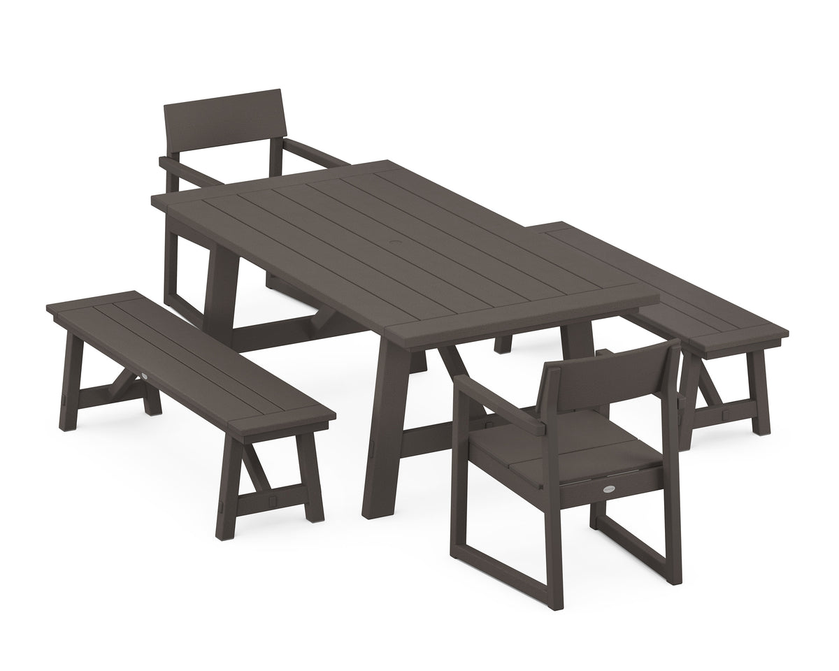 POLYWOOD EDGE 5-Piece Rustic Farmhouse Dining Set with Benches in Vintage Coffee