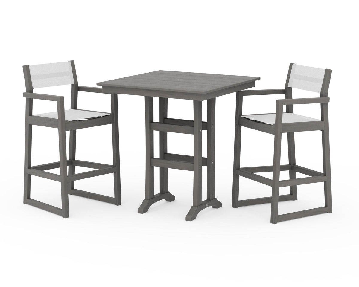 POLYWOOD EDGE Sling Arm Chair 3-Piece Farmhouse Bar Set with Trestle Legs in Driftwood / White