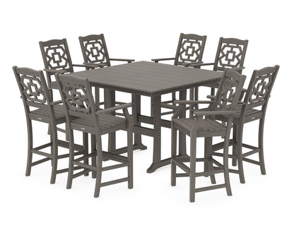 POLYWOOD Chinoiserie 9-Piece Square Farmhouse Side Chair Bar Set with Trestle Legs in Driftwood