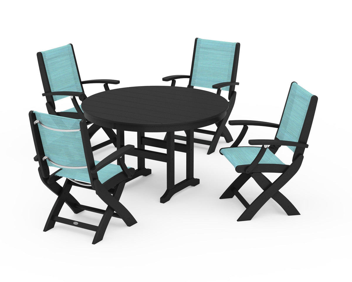 POLYWOOD Coastal Folding Chair 5-Piece Round Dining Set in Black / Dupioni Aquamarine