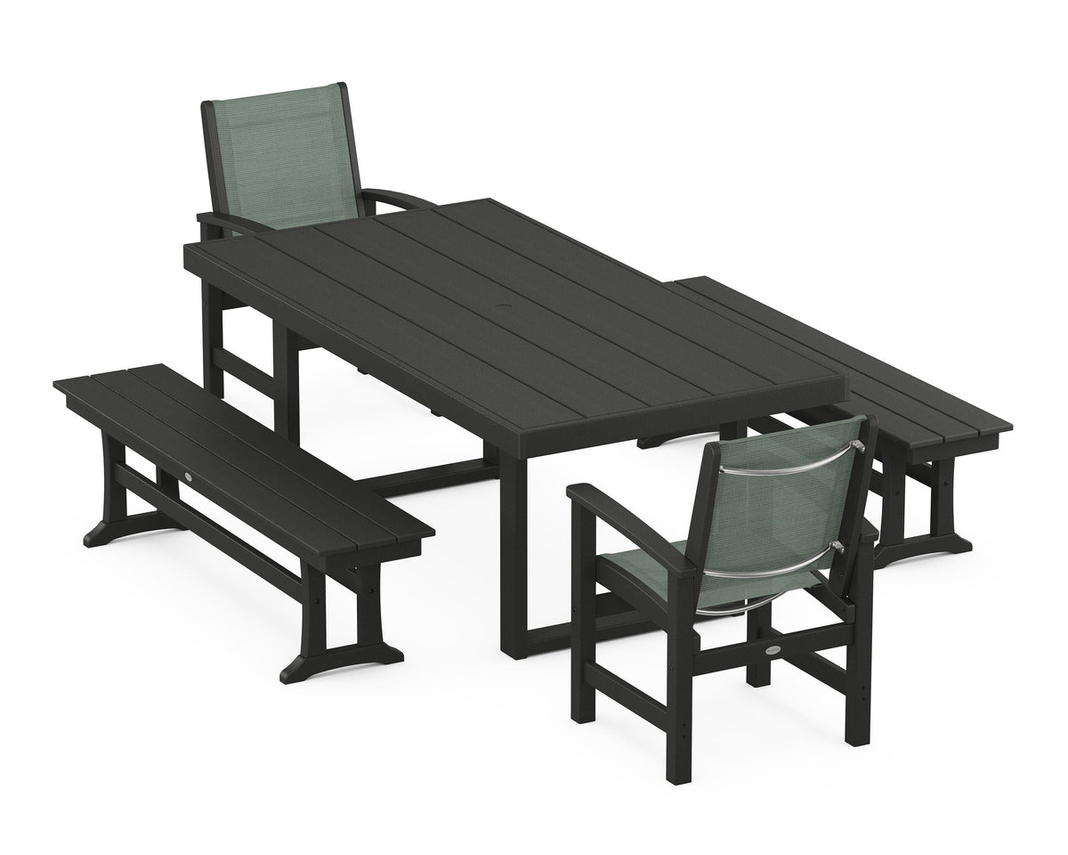 POLYWOOD Coastal 5-Piece Dining Set with Trestle Legs with EDGE 40" x 78" Dining Table in Black / Dupioni Sea Mist