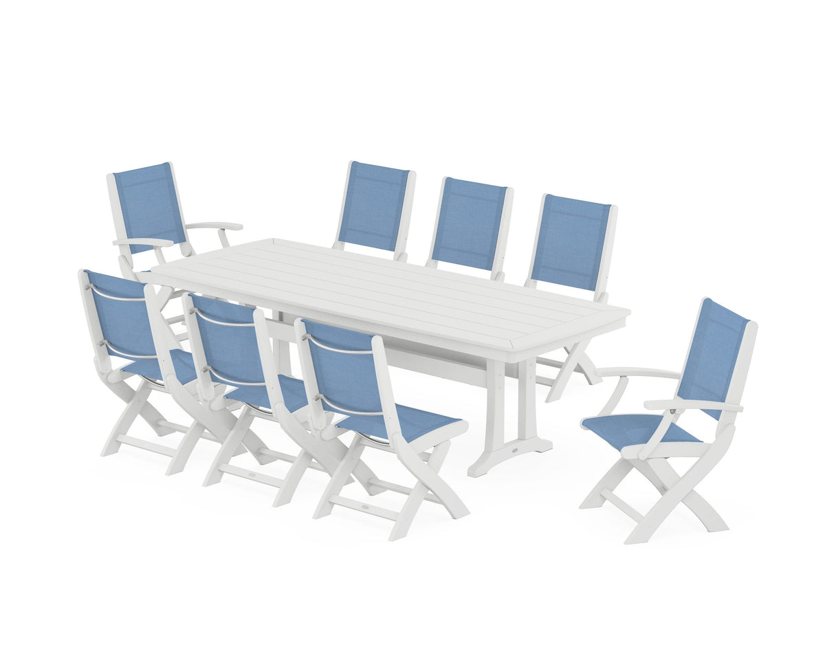POLYWOOD Coastal Folding 9-Piece Dining Set with Trestle Legs in White / Poolside